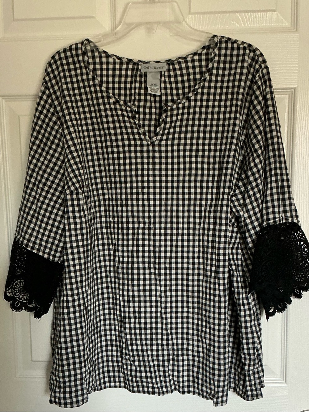 Catherines Boho Coquette Gingham Top 2XWP 22/24 WP Cotton 3/4 Lace Sleeve Blouse